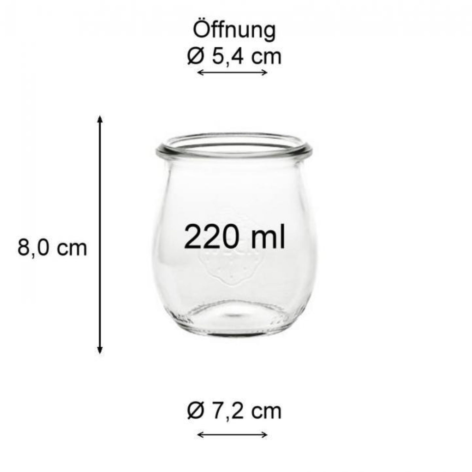 Weck Tulpenglas 220 ml Rundrandglas mit Gummiring und Klammern vor weißem Hintergrund – ideales Einmachglas für Konservierung und Aufbewahrung von Lebensmitteln.